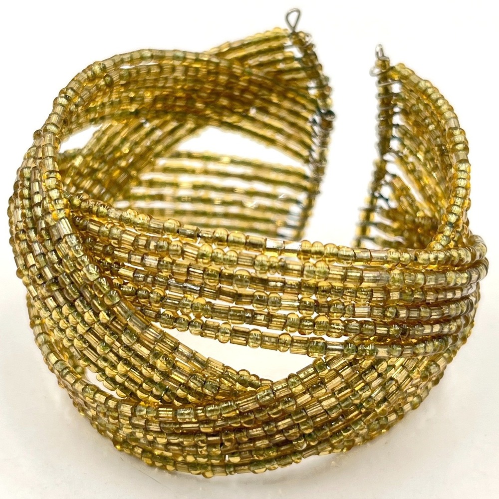 Vintage Gold Tone Seed Bead Multi-Strand Memory Wire Statement Cuff Bracelet Y2K